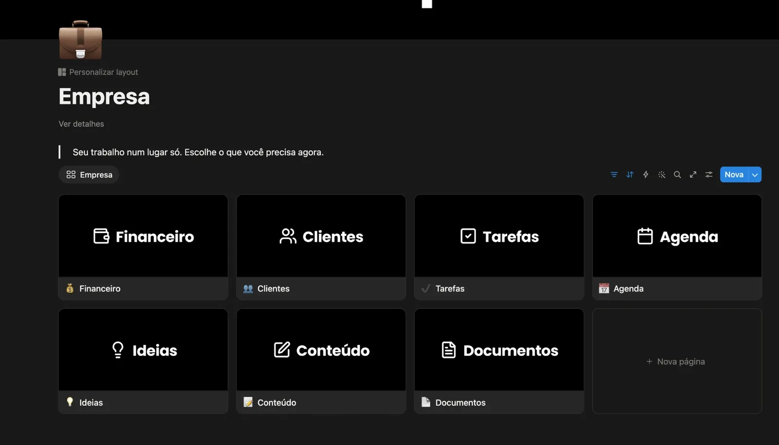 Página Empresa com os cartões Financeiro, Clientes, Tarefas, Agenda, Ideias, Conteúdo e Documentos.