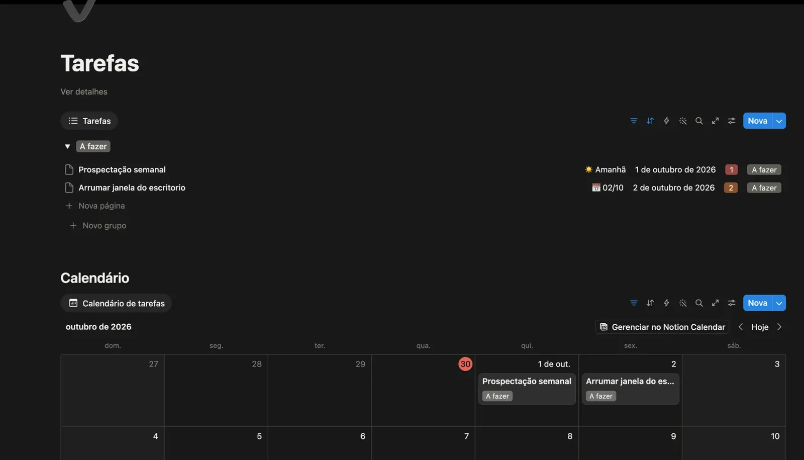 Página Tarefas com duas tarefas a fazer, com data e prioridade, e as mesmas tarefas no calendário de outubro.