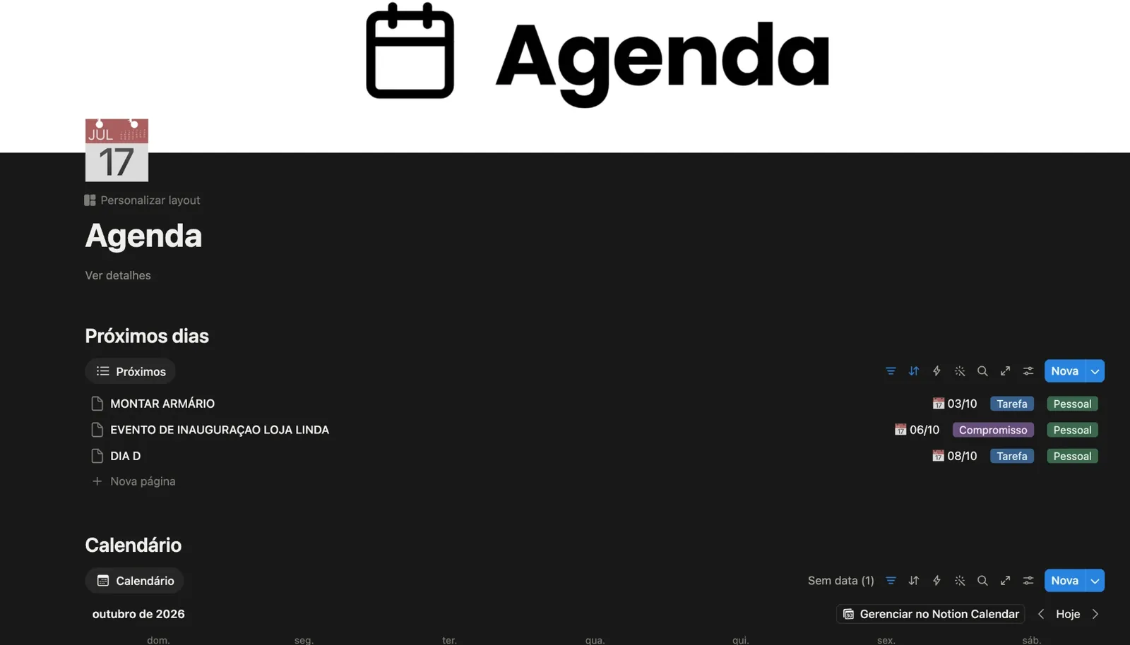 Página Agenda com a lista Próximos dias, com tarefas e um compromisso, e o calendário do mês.