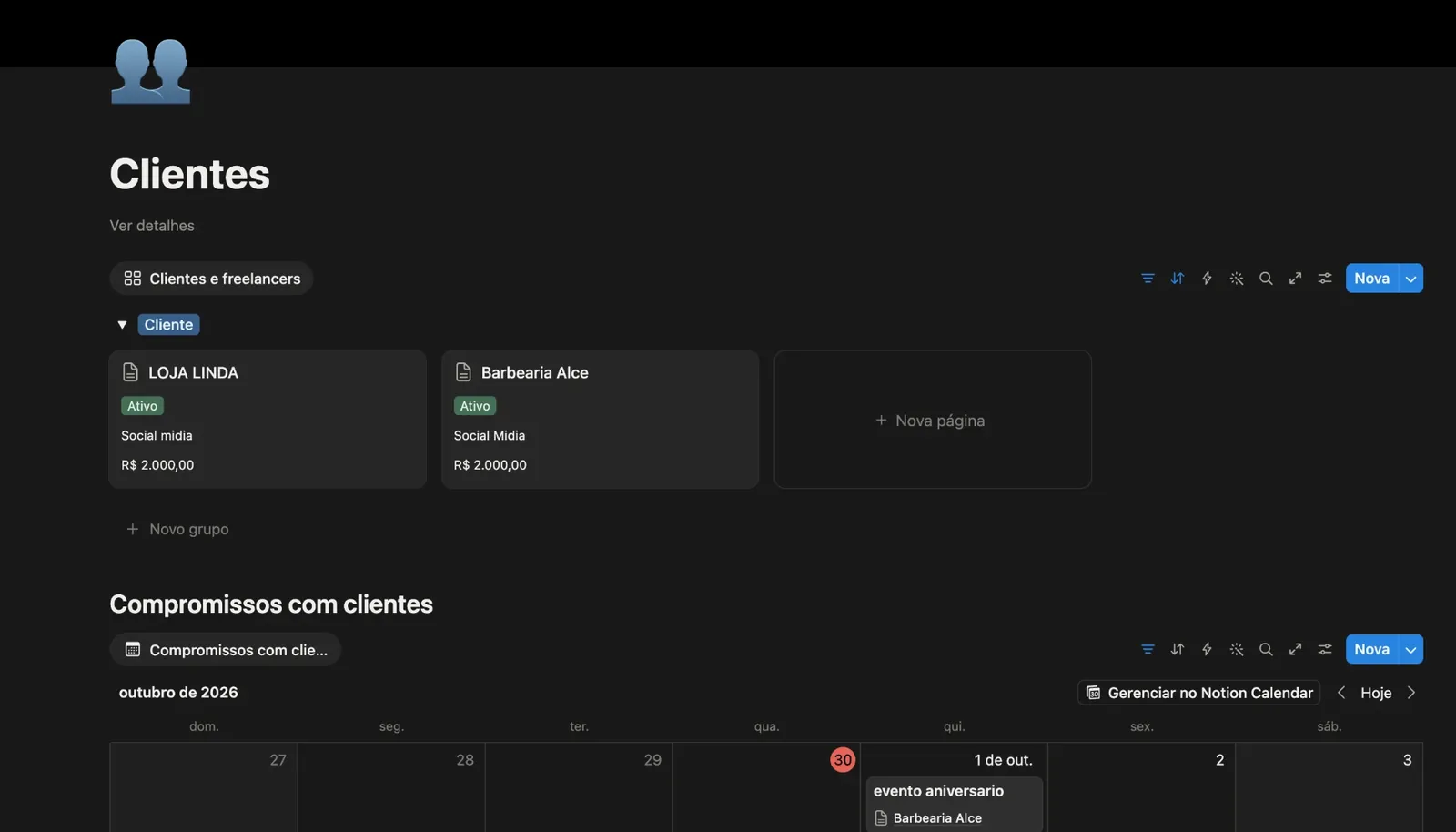 Página Clientes com os cartões de dois clientes ativos, serviço e valor mensal, e o calendário Compromissos com clientes.