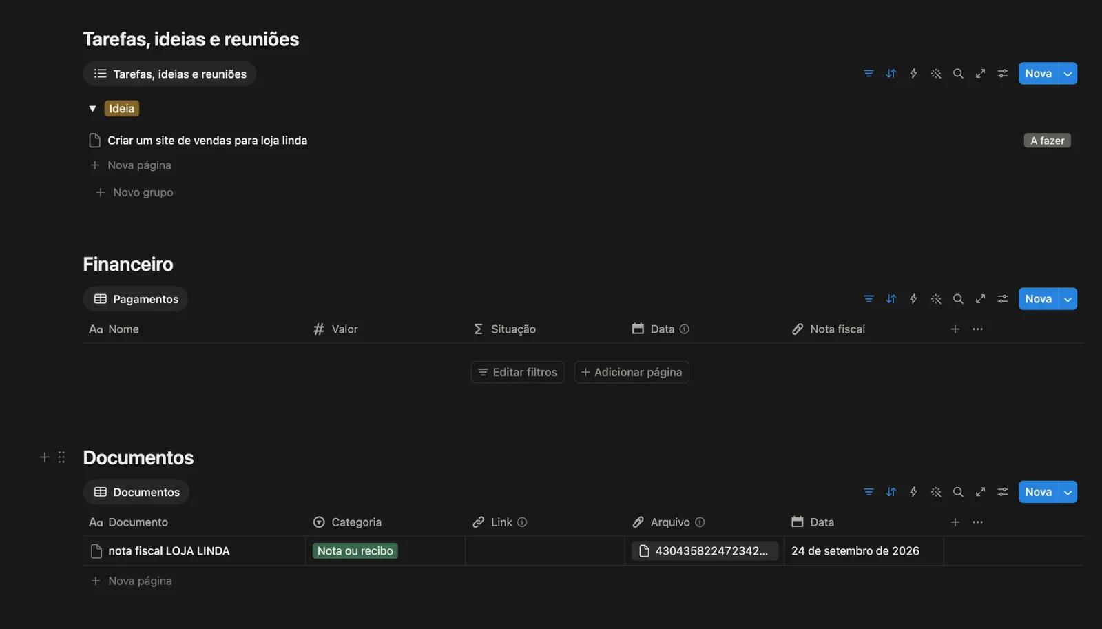 Dentro da ficha do cliente: tarefas, ideias e reuniões, pagamentos e documentos relacionados, como a nota fiscal.