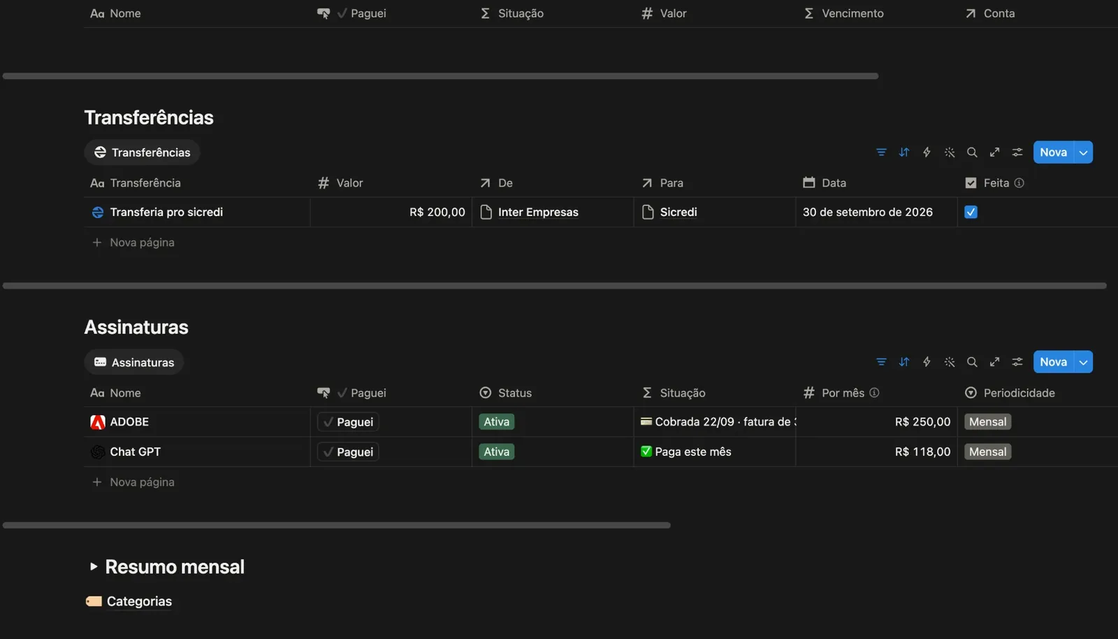 Financeiro com a tabela de Transferências entre contas, a tabela de Assinaturas com status, situação e valor por mês, e os blocos Resumo mensal e Categorias.