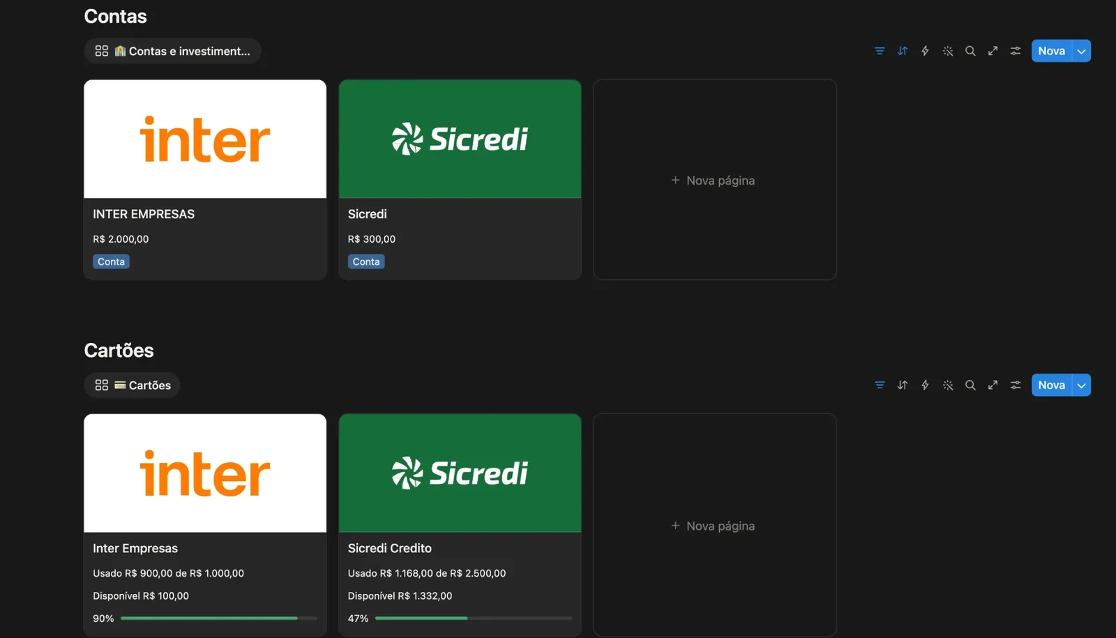 Contas com o saldo de cada conta e Cartões com o valor usado, o limite, o disponível e a porcentagem usada.